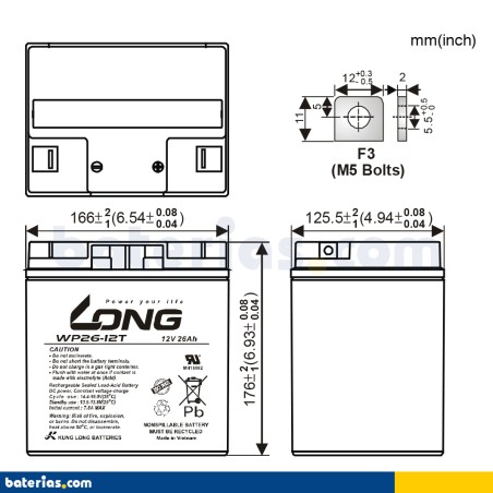 Bateria de cadeira de rodas Long WP26-12T 12V 26Ah AGM – imagem 2