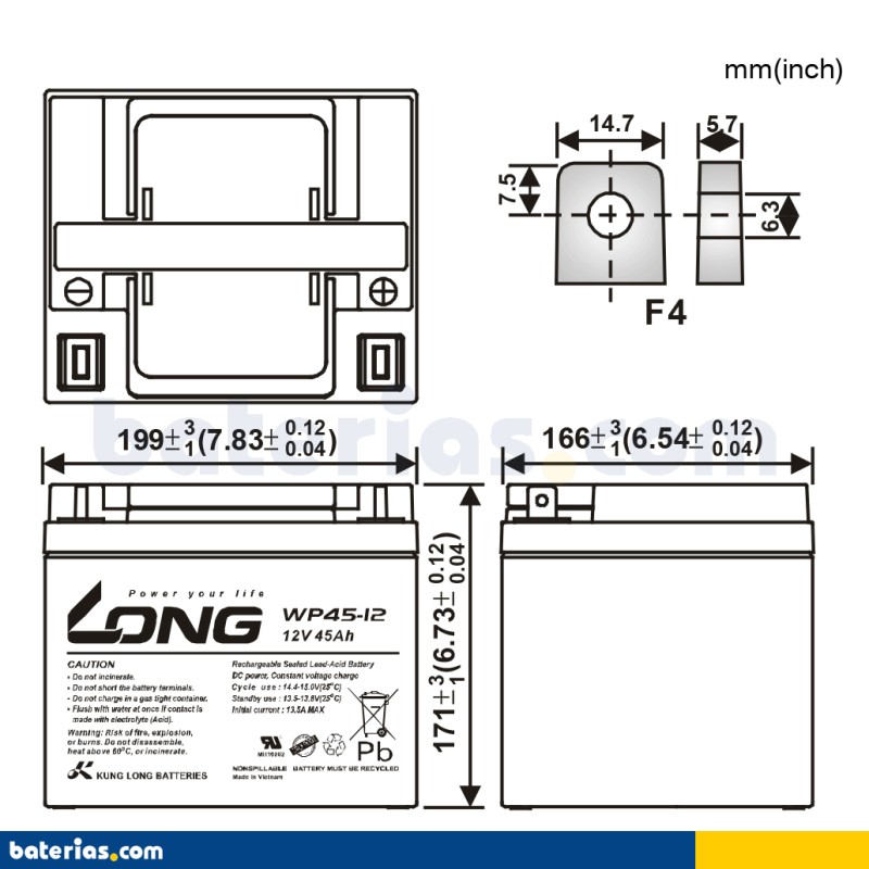 Batería LONG WP45-12 12V 45Ah AGM
