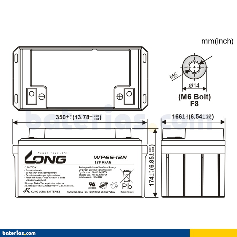 Bateria de cadeira de rodas Long WP65-12N 12V 65Ah AGM – imagem 2