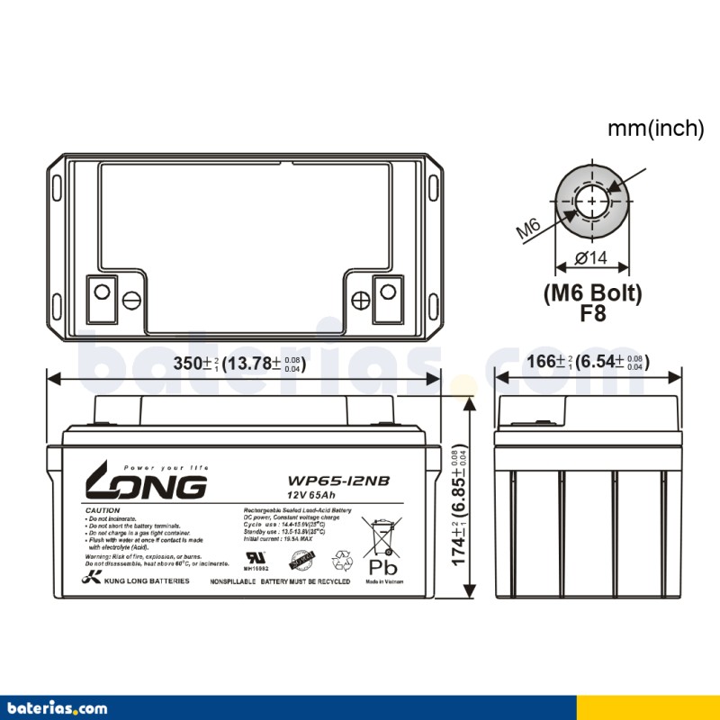 Batterie fauteuil roulant Long WP65-12NB 12V 65Ah AGM – image 2