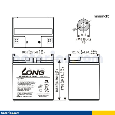 Batería LONG WP26-12TNE 12V 26Ah AGM