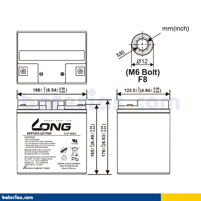 Batería de silla de ruedas Long WP30-12TNE 12V 30Ah AGM – imagen 2