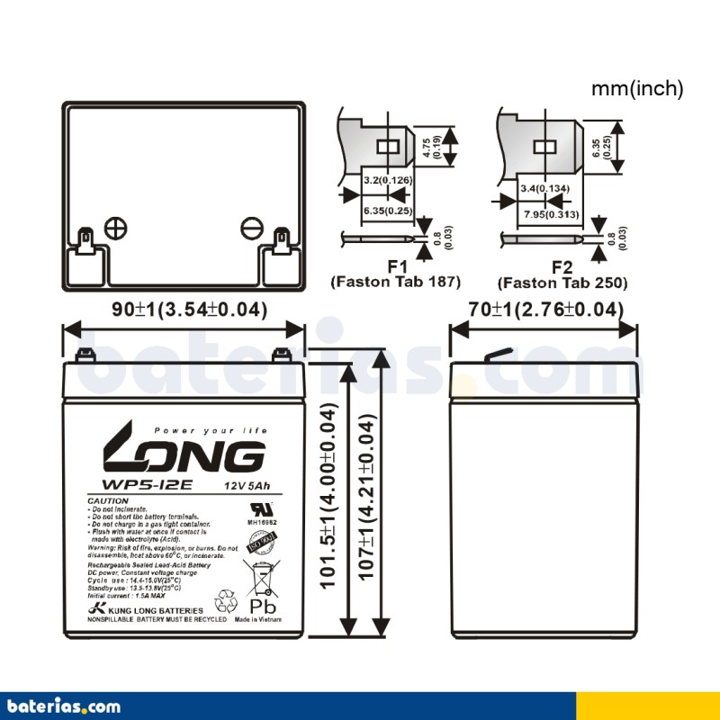 Wheelchair battery Long WP5-12E 12V 5Ah AGM – image 2