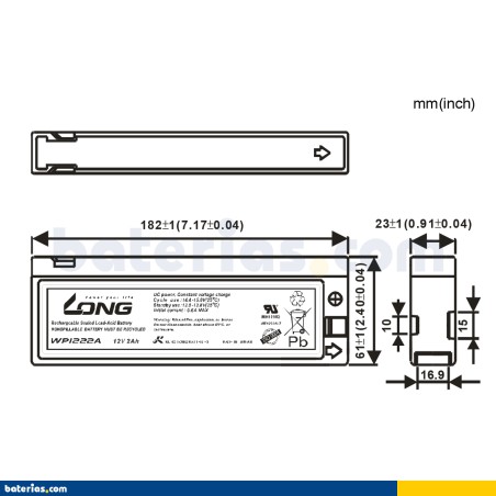 Batería estacionaria SAI/UPS Long WP1222A 12V 2Ah AGM – imagen 2