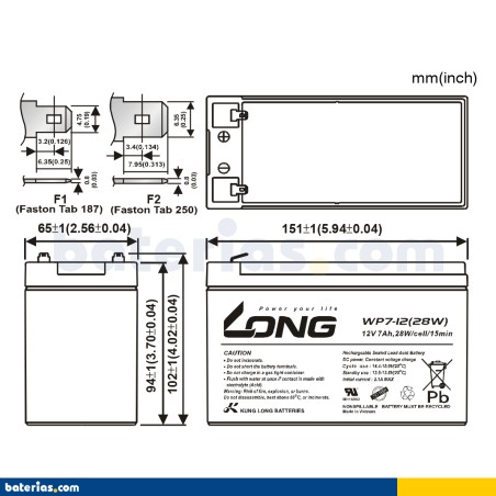 Batteria stazionaria UPS Long WP7-12(28W) 12V 7Ah AGM – immagine 2