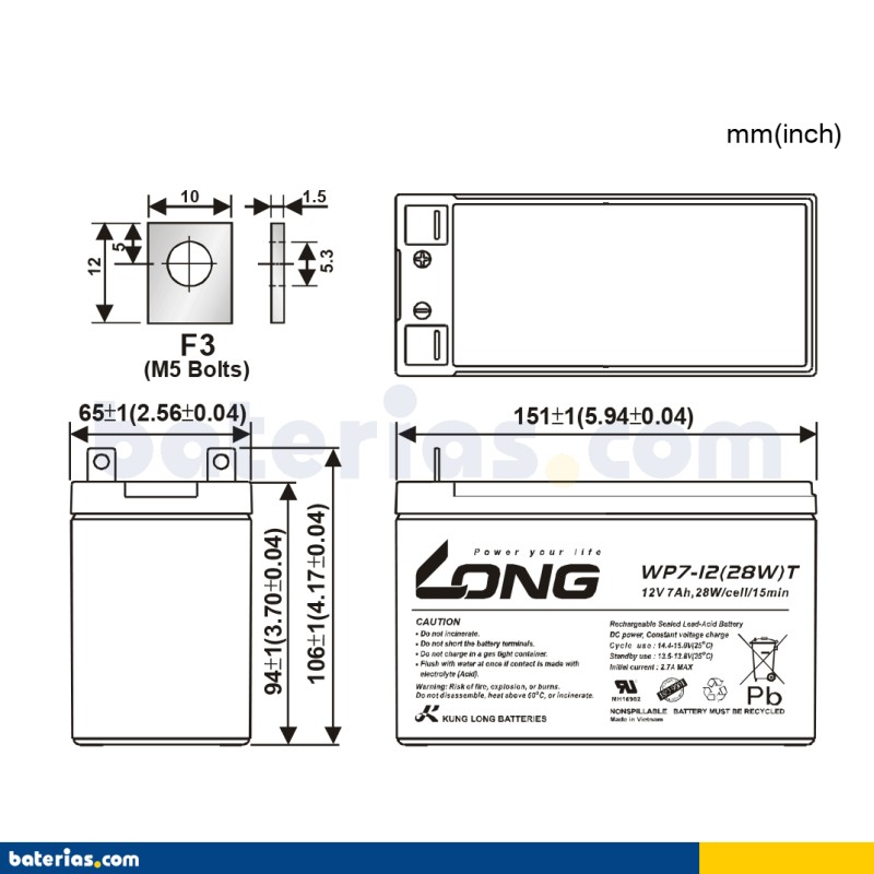 Batterie stationnaire onduleur Long WP7-12(28W)T 12V 7Ah AGM – image 2