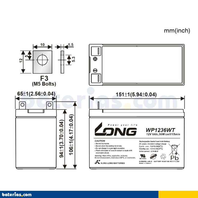 Stationary UPS battery Long WP1236WT 12V 9Ah AGM – image 2