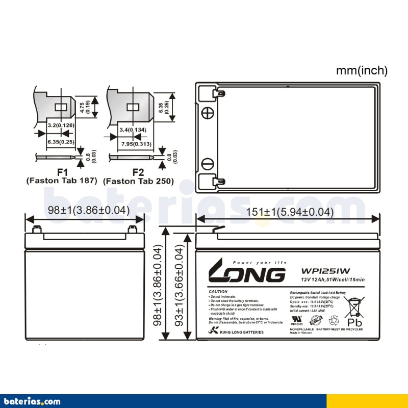 Batteria stazionaria UPS Long WP1251W 12V 12Ah AGM – immagine 2