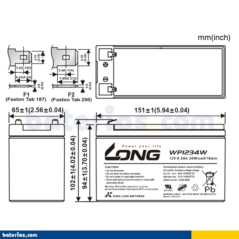 Batería estacionaria SAI/UPS Long WP1234W 12V 8.5Ah AGM – imagen 2