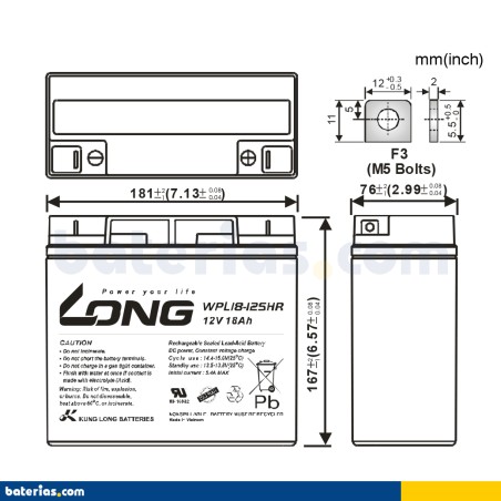 Bateria estacionária UPS Long WPL18-12SHR 12V 18Ah AGM – imagem 2