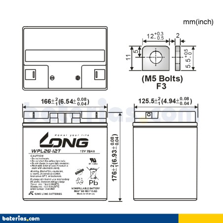 Stationary UPS battery Long WPL28-12T 12V 28Ah AGM – image 2