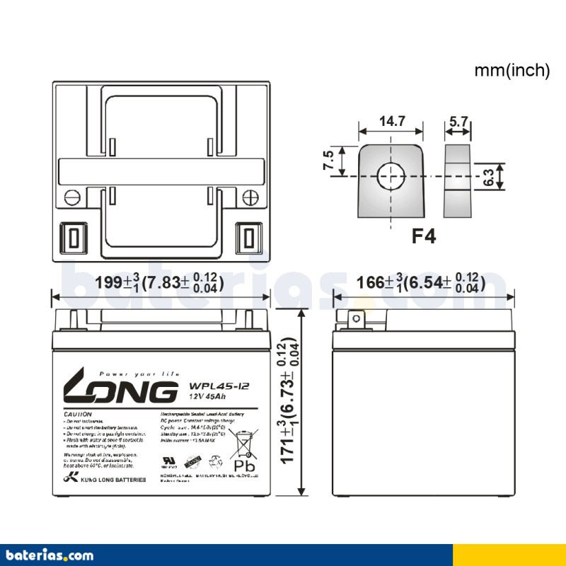 Stationary UPS battery Long WPL45-12 12V 45Ah AGM – image 2