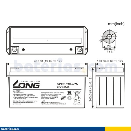 Stationary UPS battery Long WPL130-12N 12V 130Ah AGM – image 2