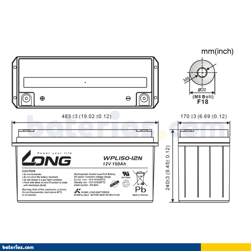 Stationärbatterie USV Long WPL150-12N 12V 150Ah AGM – Bild 2