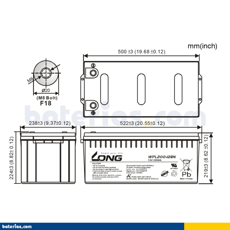 Batería Long WPL200-12BN 200Ah - 2