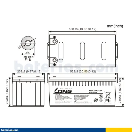 Stationary UPS battery Long WPL200-12N 12V 200Ah AGM – image 2