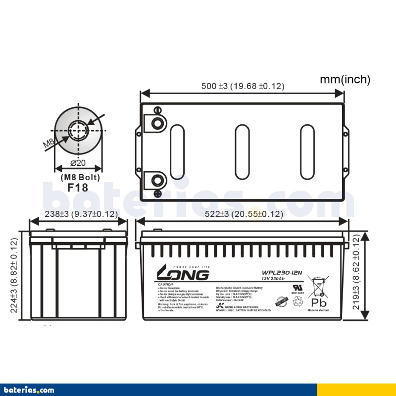 Batteria stazionaria UPS Long WPL230-12N 12V 230Ah AGM – immagine 2