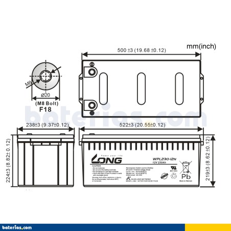 Batteria stazionaria UPS Long WPL230-12N 12V 230Ah AGM – immagine 2