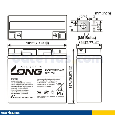 Stationärbatterie USV Long WPS17-12 12V 17Ah AGM – Bild 2