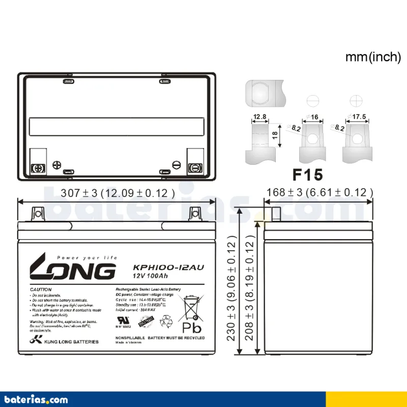 Long KPH100-12AN. Batería para dispositivos electrónicos Long 100Ah 12V