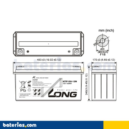 Batería LONG HTP150-12N 12V 150Ah AGM