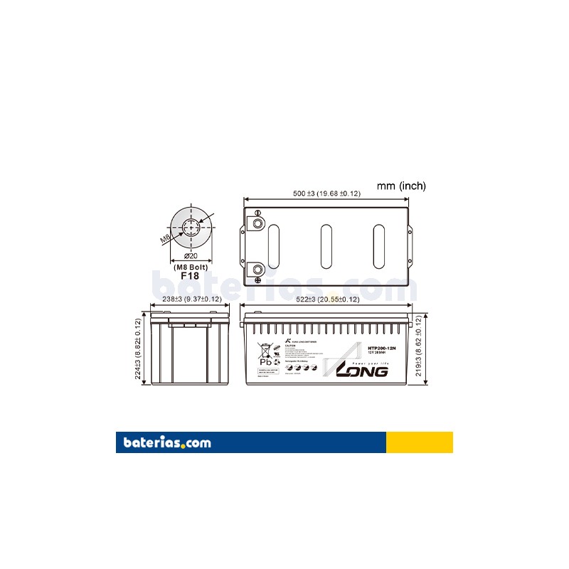Stationary UPS battery Long HTP200-12N 12V 200Ah AGM – image 2