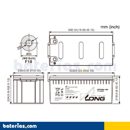 Stationary UPS battery Long HTP200-12N 12V 200Ah AGM – image 2