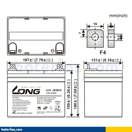 Wheelchair battery Long U1-33H 12V 33Ah AGM – image 2