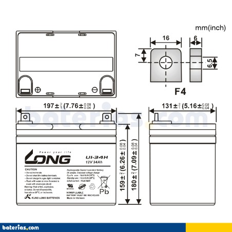 Wheelchair battery Long U1-34H 12V 34Ah AGM – image 2