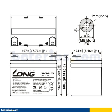 Wheelchair battery Long U1-34HN 12V 34Ah AGM – image 2