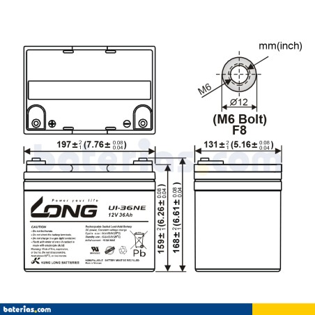 Wheelchair battery Long U1-36NE 12V 36Ah AGM – image 2