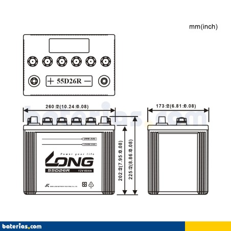 Batería de coche Long 55D26R 12V 60Ah – imagen 2