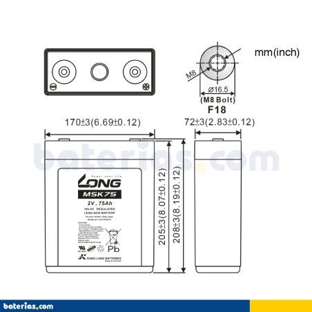 Bateria para telecomunicações Long MSK75 2V 75Ah AGM – imagem 2