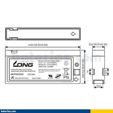 Batterie stationnaire onduleur Long WP1250 12V 2Ah AGM – image 2