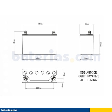 Batería de moto Odyssey ODS-AGM30E 34Ah 400A AGM – imagen 2