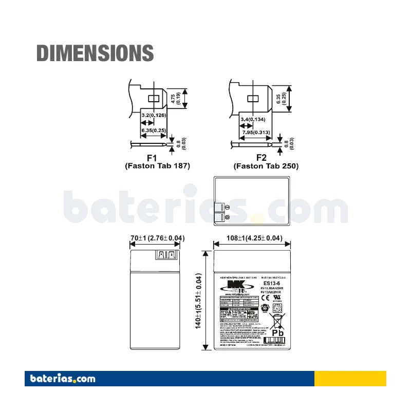 MK ES13-6. Batteria per sedia a rotelle MK 13Ah 6V