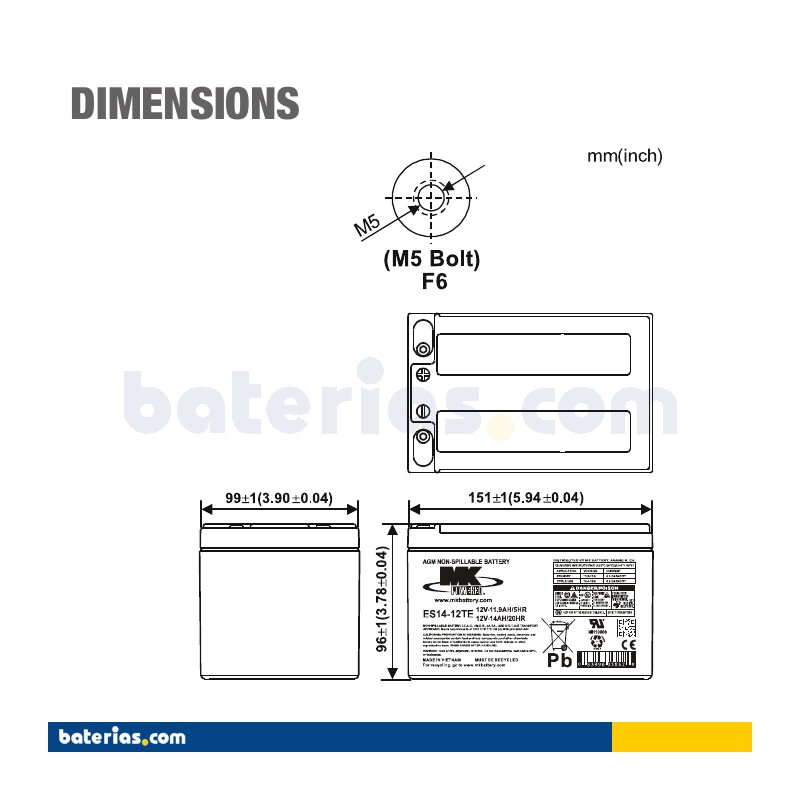 Batteria per carrozzina MK Powered ES14-12TE 12V 14Ah AGM – immagine 2