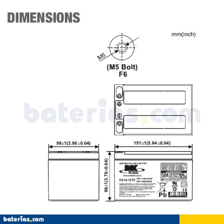 Bateria de cadeira de rodas MK Powered ES14-12TE 12V 14Ah AGM – imagem 2