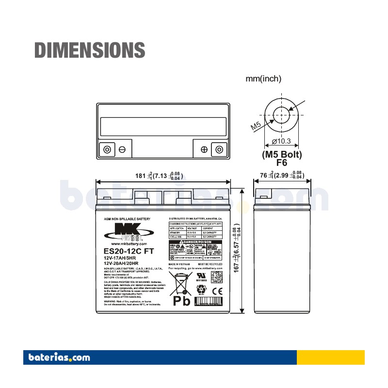 Batería de silla de ruedas MK Powered ES20-12C FT 12V 20Ah AGM – imagen 2