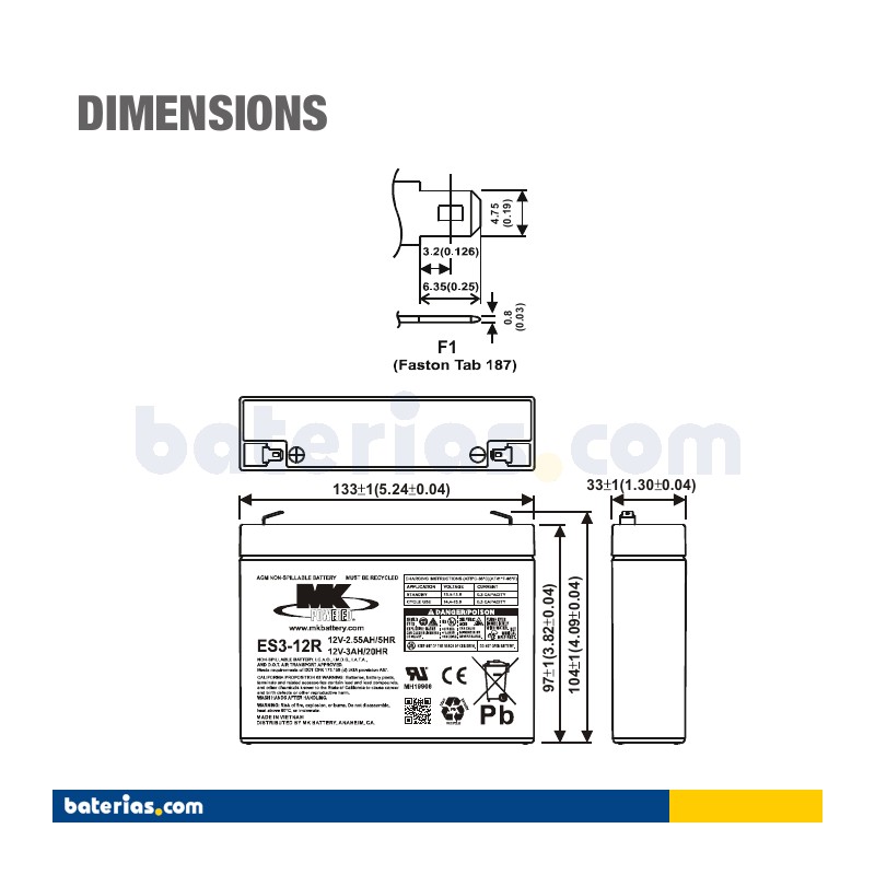 Bateria de cadeira de rodas MK Powered ES3-12R 12V 2.8Ah AGM – imagem 2