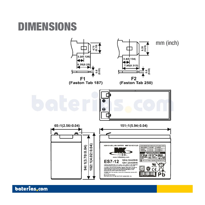 Batería de silla de ruedas MK Powered ES7-12 12V 7.2Ah AGM – imagen 2