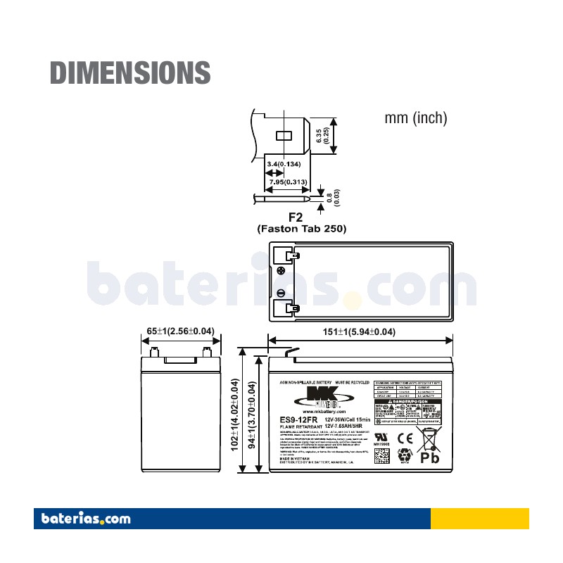 Bateria de cadeira de rodas MK Powered ES9-12FR 12V 9Ah AGM – imagem 2