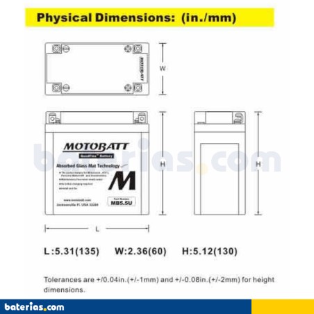Motorcycle battery Motobatt MB5.5U 12V 7Ah 90A AGM – image 2