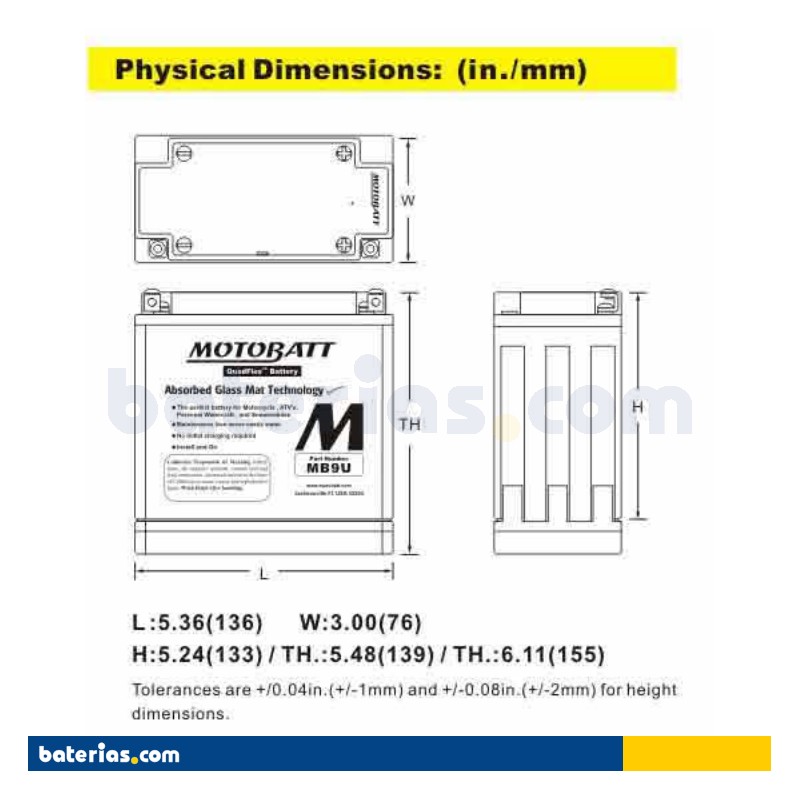 Motobatt MB9U Sealed Maintenance-Free Battery – Replaces Yuasa YB9-B – 12V, 11Ah