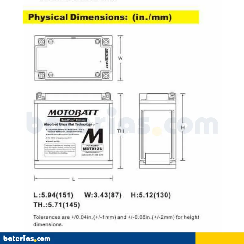 BATTERIA MOTO MOTOBATT AGM MBTX12U 12V 14AH 200A YB12BB2 YTX12BS YTX14H  BQ023