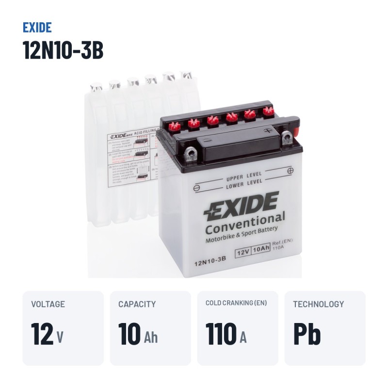 Batteria moto Exide 12N10-3B 12V 10Ah 110A – dati principali