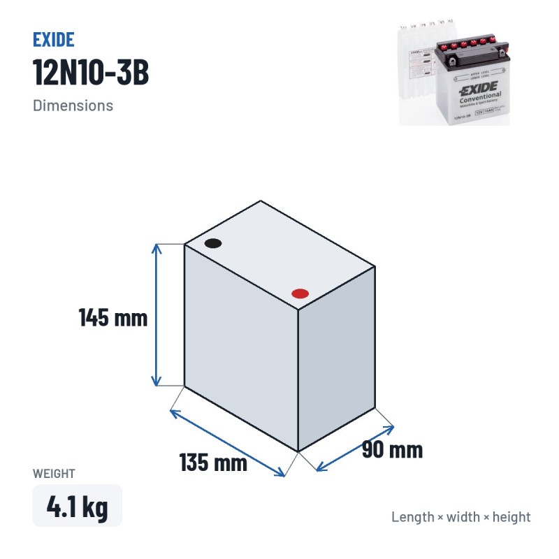 Batterie moto Exide 12N10-3B 12V 10Ah 110A – dimensions 135 × 90 × 145 mm