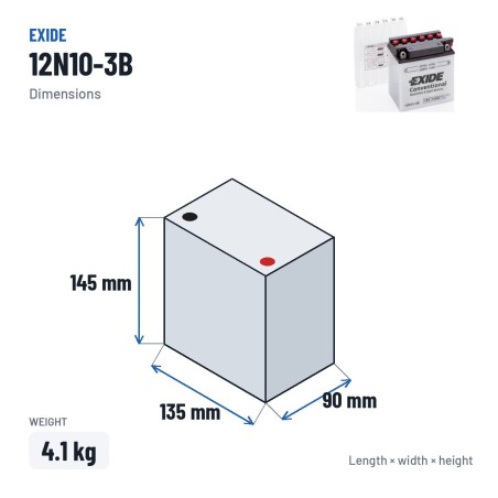 Batteria moto Exide 12N10-3B 12V 10Ah 110A – dimensioni 135 × 90 × 145 mm