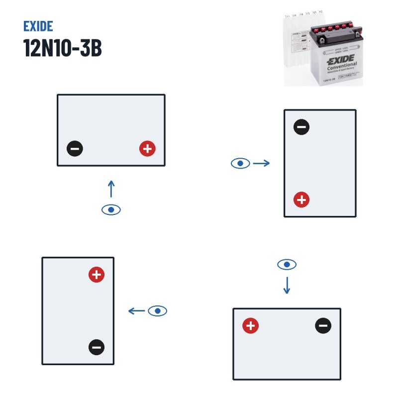 Bateria de mota Exide 12N10-3B 12V 10Ah 110A – polaridade (esquema 0, + direita)