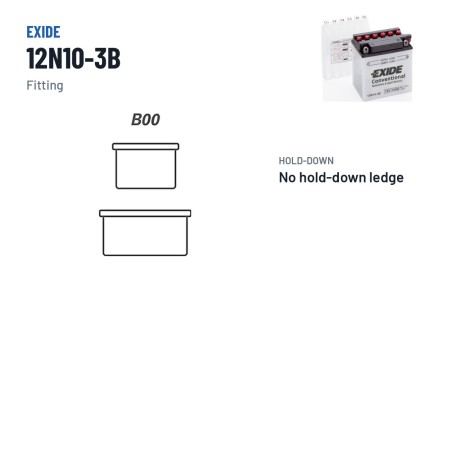 Bateria de mota Exide 12N10-3B 12V 10Ah 110A – terminal e fixação